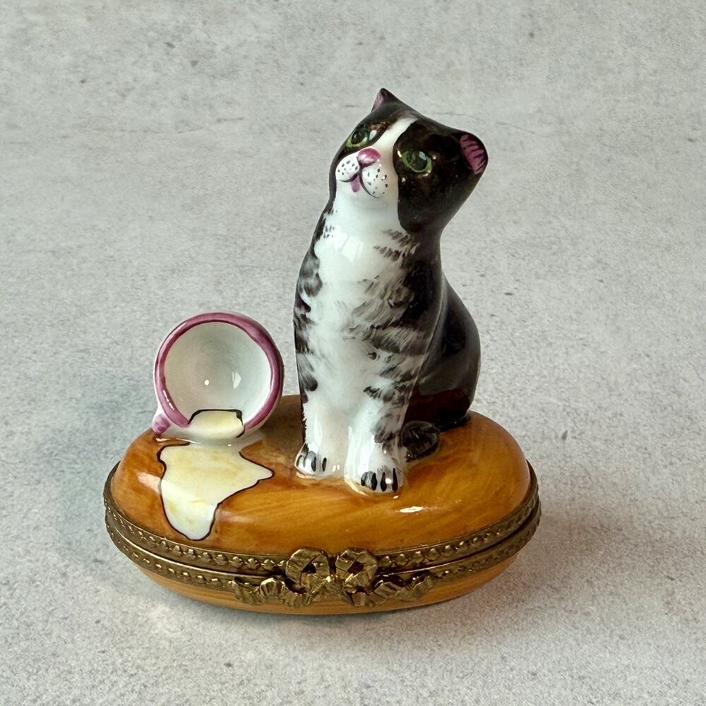 Vintage Limoges Trinket Box Felix Cat Milk Bowl Yarn Hand Painted Parry Vieille